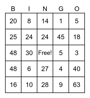 Multiplication Practice Bingo Card