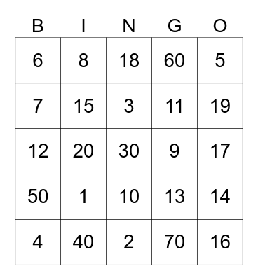 NUMBER BINGO Card