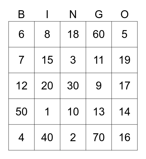 NUMBER BINGO Card