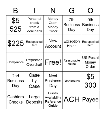 Funds Availability Bingo Card