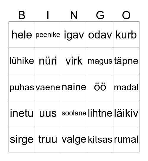 Vastandtähendusega sõnad Bingo Card