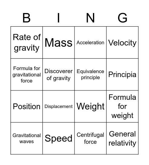 Gravity and Gravitation! Bingo Card