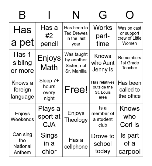 Find 5 in a Row for BINGO! Bingo Card