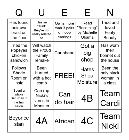 Black Girl Bingo Card