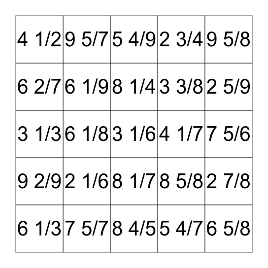 Mixed Numbers Bingo Card