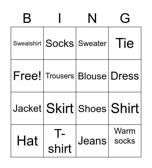 CLOTHES Bingo Card