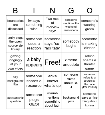 End of the Semester SJE Student Meet-Up Bingo Card