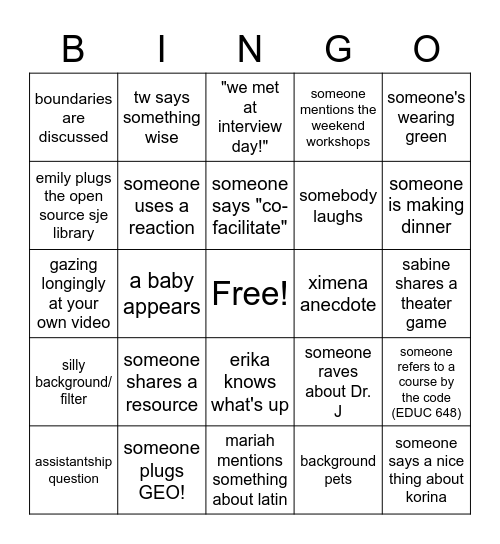 End of the Semester SJE Student Meet-Up Bingo Card