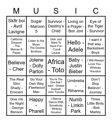 GSS UKI Music Bingo Card
