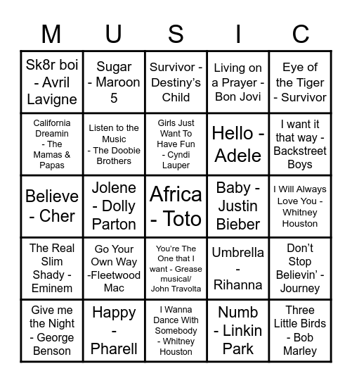 GSS UKI Music Bingo Card