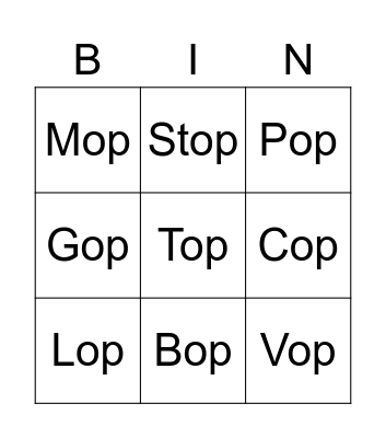 -OP Words Bingo Card