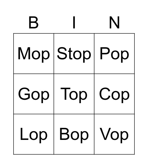 -OP Words Bingo Card