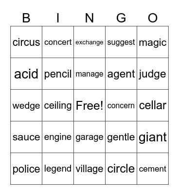 Lesson 57 - soft c/g Bingo Card