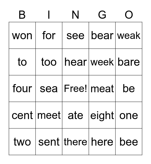 homophones Bingo Card