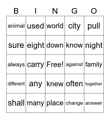 Unit 8 bingo Card