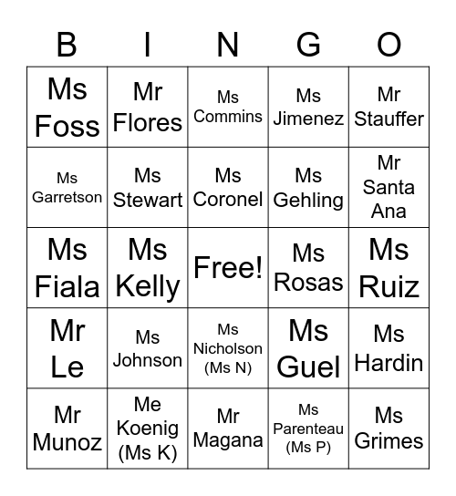 GV Staff Names BINGO Card
