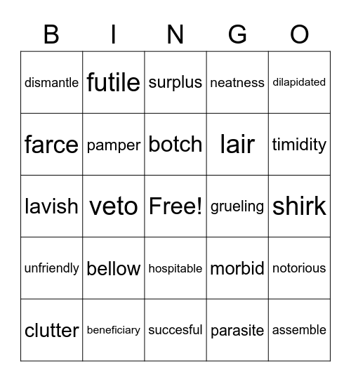Unit 10 Vocabulary Bingo Card