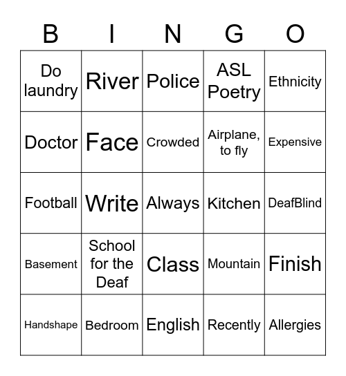 ASL Unit 5-9 Review Bingo Card