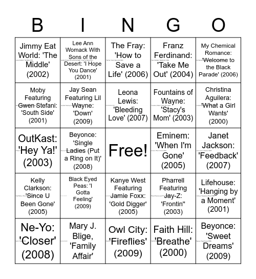 2000's Music Bingo Card