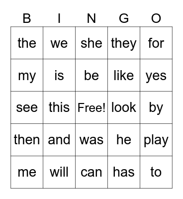 Sight Words Bingo Card