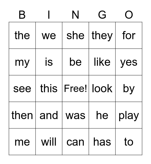 Sight Words Bingo Card