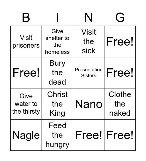 Works of Mercy and Nano Nagle Bingo Card