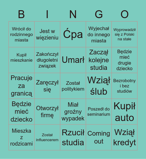 Znajomy z Liceum: Bingo Card