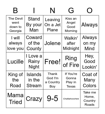 Country Western Music Bingo Card