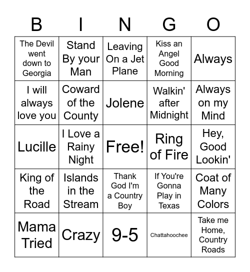 Country Western Music Bingo Card