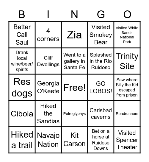 New Mexico Challenge Bingo Card