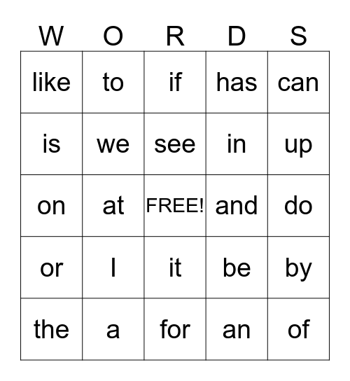 Sight Words Bingo Card