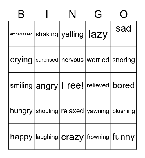 emotions and actions Bingo Card