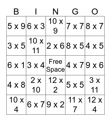 Multiplication Bingo Card