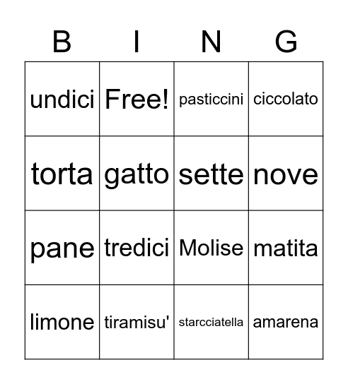 Vocabolario Bingo Card