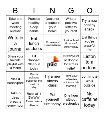 PwC Mental Health Awareness BINGO 2021 Bingo Card