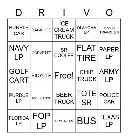 DRIVING GAME Bingo Card