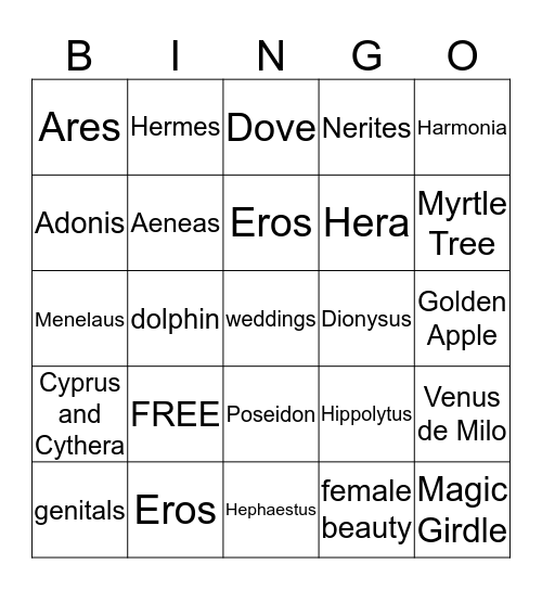 Aphrodite Bingo Card