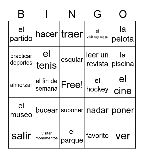 Lesson 4 Spanish Vocabulary Bingo Card