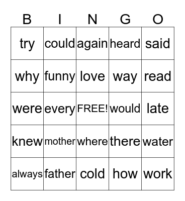 Sight Words Bingo Card