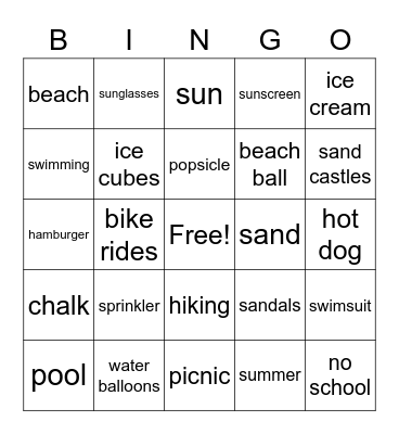 Summer Words Bingo Card