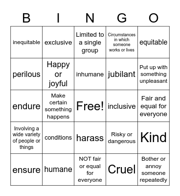 Vocabulary Bingo Card