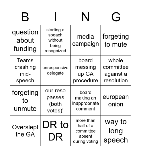 GA Bingo Card