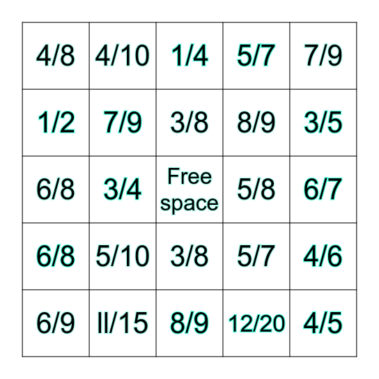 Fraction bingo game Bingo Card