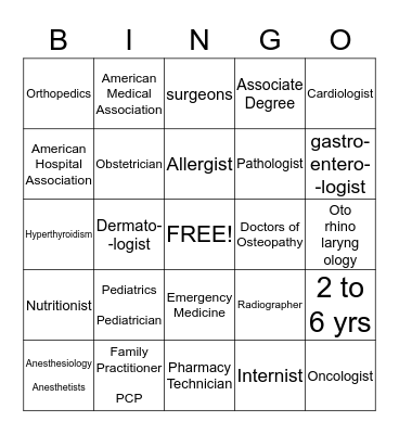 Medical Specialties Bingo Card