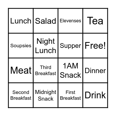 Eat Like A Hobbit Bingo Card