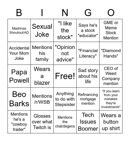 STOCKY CNBC BINGO Card