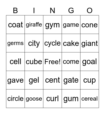Soft and Hard Sounds of c and g Bingo Card