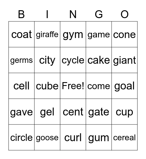 Soft and Hard Sounds of c and g Bingo Card