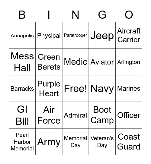 MILITARY BINGO Card