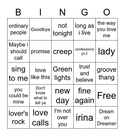 THD song bingo Card